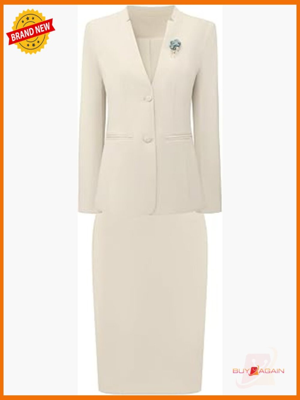 Business Skirt Suit Set 2 Piece Blazer and Pencil Skirt with Brooch